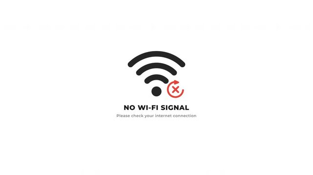 No Wi-Fi signal and lost internet connection with text and alert by rotating red circle arrow on 4K white background, wireless error alert