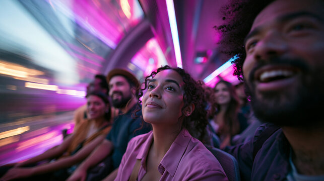 Happy Diverse Friends Enjoying Night Tour Ride