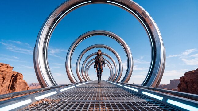 Woman Walking on Futuristic Catwalk Through Giant Sci-Fi Rings