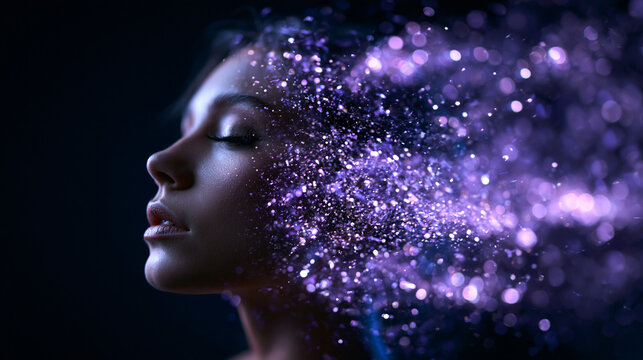 Woman Face Dissolving into Glowing Purple Particles