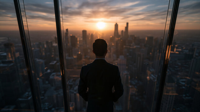 Businessman Looking at City Skyline at Sunset