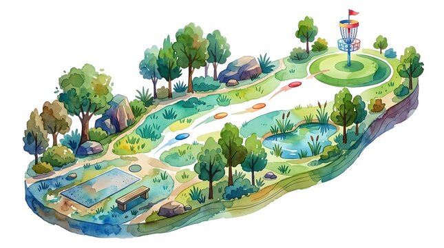 Disc golf vector scenic park course isometric illustration