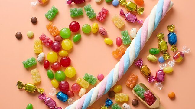 Assorted colorful candy and sweets on peach background