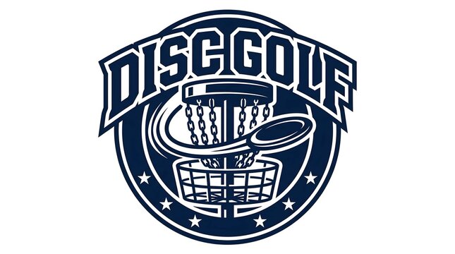Disc golf vector logo with sports basket and flying frisbee