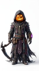 Fototapeta premium 3D Character Illustration of Halloween Pumpkin Grim Reaper Holding Scythe Isolated on White Background for Spooky Season Party Poster Banner and Horror Festive Design