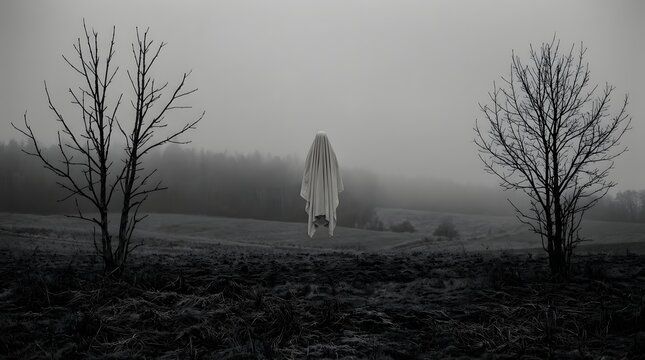 Ghostly figure floating in misty field with bare trees