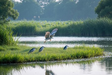 Fototapeta premium Black crowned herons perch on grassy bank near water one bird takes flight. Serene wetland scene with natural habitat for birds. Rich reeds border calm lake at sunrise. Peaceful wildlife moment.