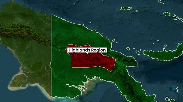 Papua New Guinea Highlands region highlighted on satellite map motion video