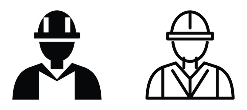 Set of construction worker icons featuring solid black and outline styles for industrial design and safety concepts