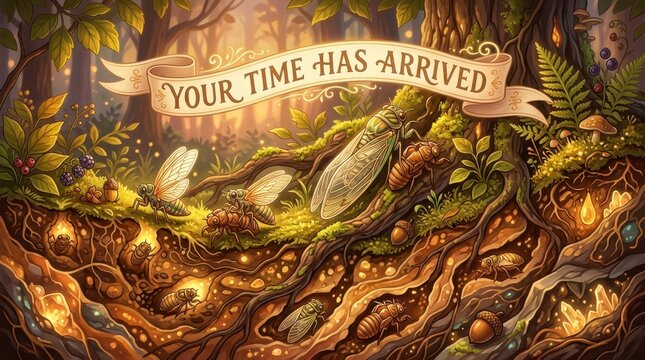 Enchanted forest scene with cicadas emerging from the earth, ants, and acorns under a banner that reads 'Your Time Has Arrived'
