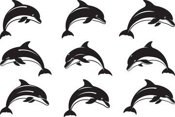 Jumping dolphin silhouette flat vector minimal icon set of nine marine mammal icons on a white background. © creativetygraphic