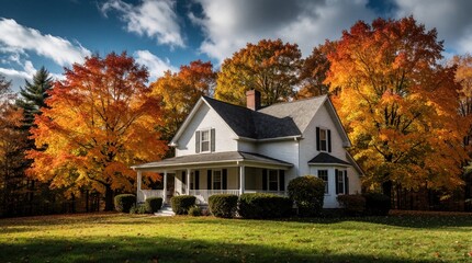 Obraz premium White house sits amongst vibrant autumn trees. Colorful leaves display fall foliage. Rich green lawn surrounds the home. Clear blue sky with clouds overhead.