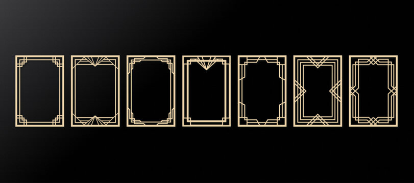Set of art deco style golden frames, vintage geometric borders for wedding invitations, posters, and luxury greeting cards