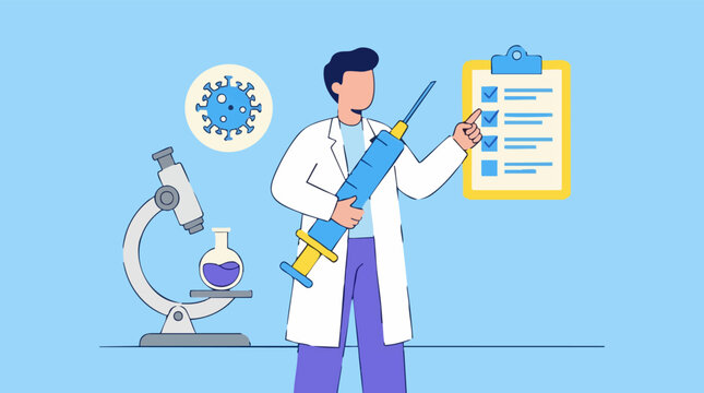 Scientist in lab coat with syringe and microscope researching virus and vaccine