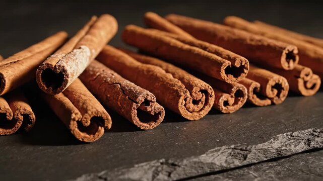 Rich cinnamon quills spread over a charcoal stone surface, highlighting brittle bark, hollow curls and fine spice dust through dramatic side light and a moody artisanal food composition at dusk