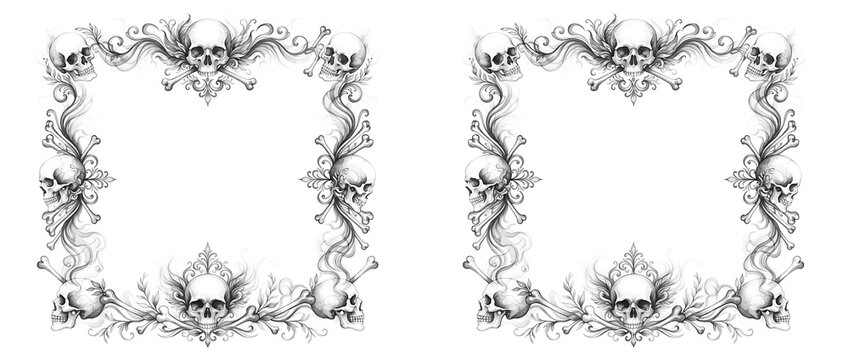 Ornate gothic skull frame vector illustration set featuring vintage baroque scrollwork and crossbones halloween border graphic isolated on transparent background png cutout format for dark art design.
