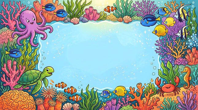 Colorful underwater ocean scene with a central copy space surrounded by tropical fish coral and sea creatures