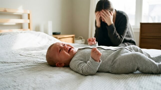 An exhausted, tired mother sits on a bed in a bedroom, holding her head in her hands while her swaddled newborn baby cries on the bed