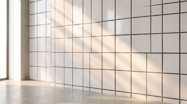 Modern office interior with glass partition walls featuring black grid frames and soft natural sunlight shadows
