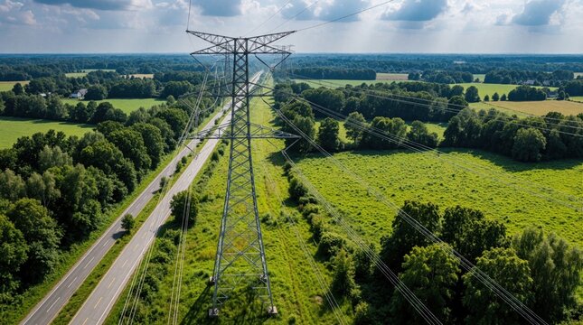 Aerial view of high voltage electricity pylons and wires crossing green fields and woods. A road runs parallel to the power line corridor in the countryside.