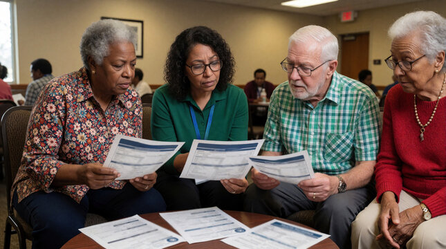Health insurance navigator helps confused senior couple compare medicare coverage plans. Pro woman provides benefits counseling to elderly clients in community center. Diverse group of seniors review