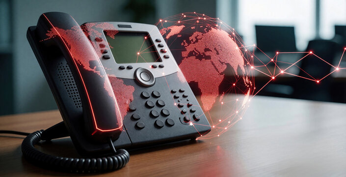 Modern VoIP phone handset sits on office desk. Red digital world map, glowing network lines overlay device. Concept for global business telecommunication, internet connectivity, tech infrastructure,