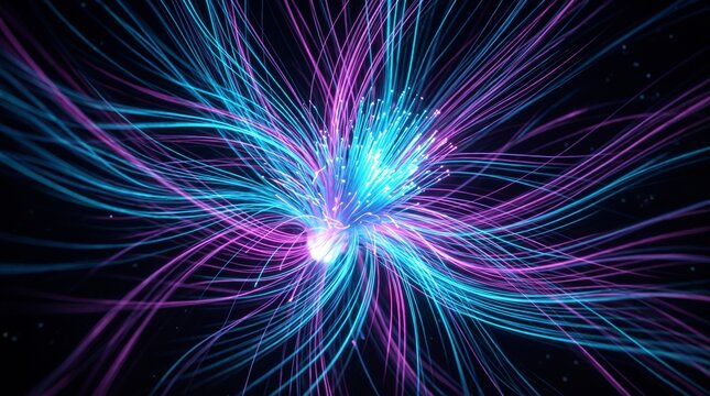 Abstract digital background featuring glowing blue and purple light streaks radiating from a central bright point