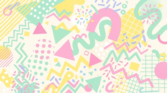 Abstract background with colorful geometric shapes and playful hand drawn patterns in a soft pastel palette