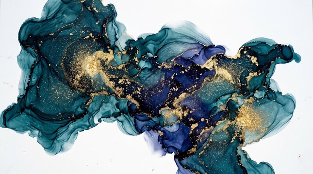 Abstract alcohol ink painting with deep teal blue and purple tones with shimmering gold metallic accents