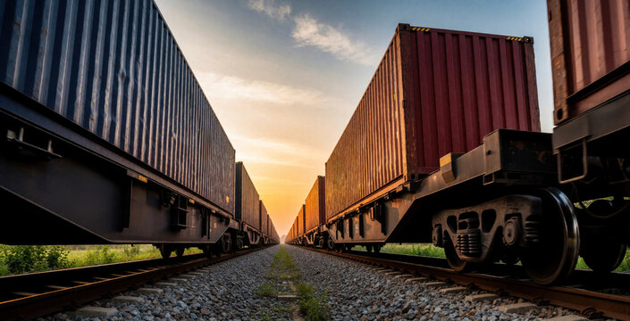 Low angle view of freight trains with cargo containers on tracks at sunset. Huge intermodal trains move along railway lines during golden hour. Industrial transport logistics system carries goods