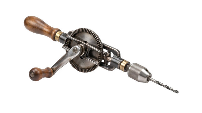 Vintage hand drill with wooden handle, antique manual rotary tool for woodworking, rustic steel hand-cranked drill on white background