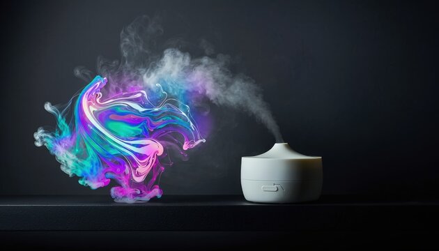 Ultrasonic aroma diffuser releasing colorful vapor cloud on dark background