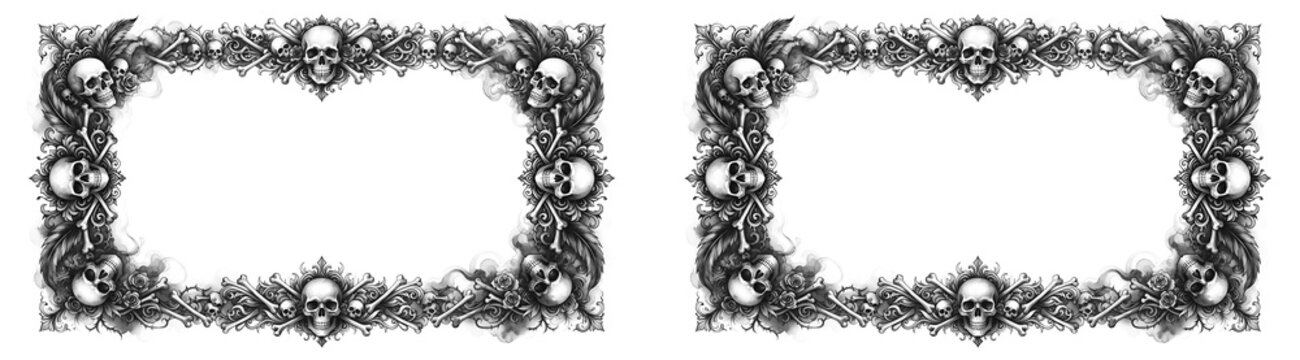 Ornate gothic border set with detailed human skulls, crossbones, and intricate baroque scrollwork filigree artwork isolated on transparent background PNG cutouts for spooky Halloween dark art designs.