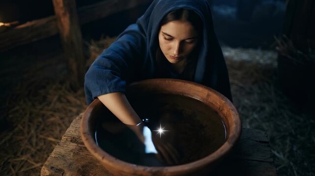 Virgin mary wearing a blue veil looks at the glowing star of bethlehem reflected in a rustic wooden water bowl inside a dark stable during the holy christmas night