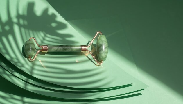 Green jade facial roller on pastel background with dramatic sunlight and botanical shadows