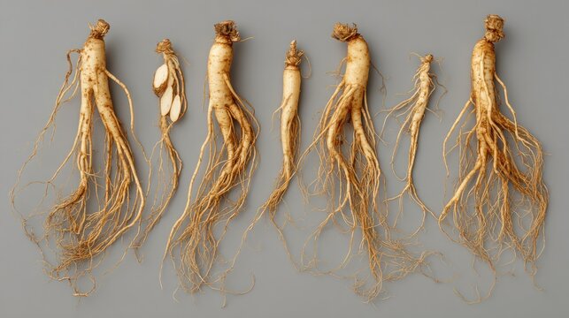 Fresh ginseng roots displayed on gray surface for health and wellness