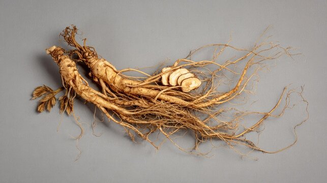 Fresh ginseng roots isolated on a light gray surface for health and wellness