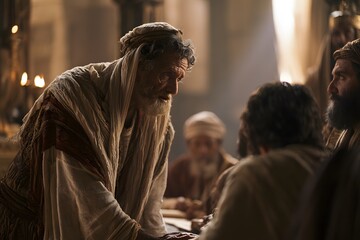 Fototapeta premium Ancient middle eastern man with a beard and head covering engaging in a serious conversation with a group of people