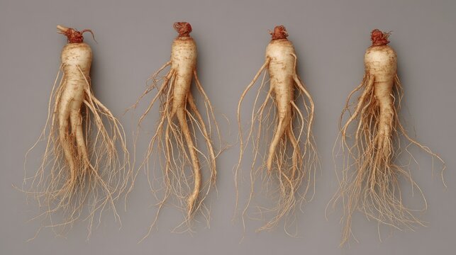 Fresh ginseng roots isolated on gray background for medicinal concepts