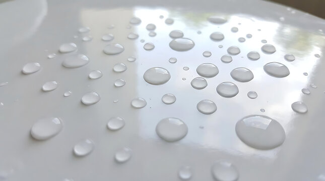 Clear spherical water droplets on glossy white surface.