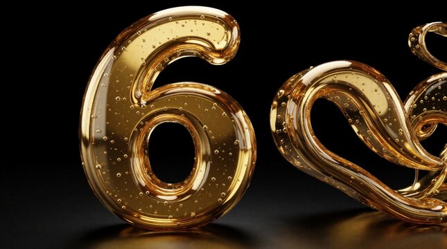 Golden liquid number 6 with bubbles floats on black. Shiny digit signifies achievement, award, or count. Elegant symbol suitable for luxury themes, birthdays, anniversaries.