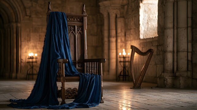 Ornate medieval throne with blue cloth and a wooden harp in a stone castle hall