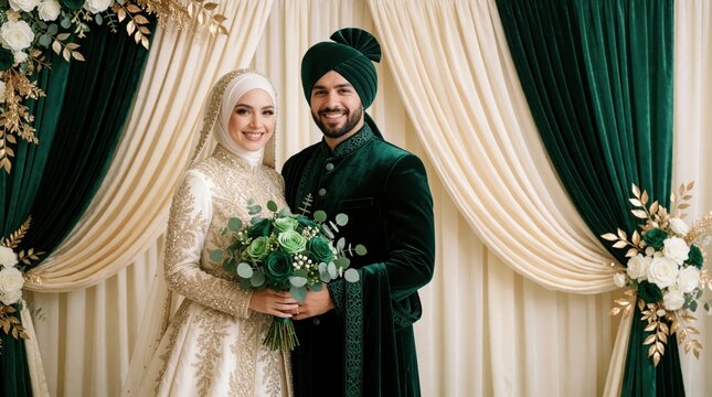 Muslim wedding couple smiles, bride in white gown groom in green velvet sherwani hold green bouquet. Elegant indoor portrait, emerald and cream curtains backdrop.
