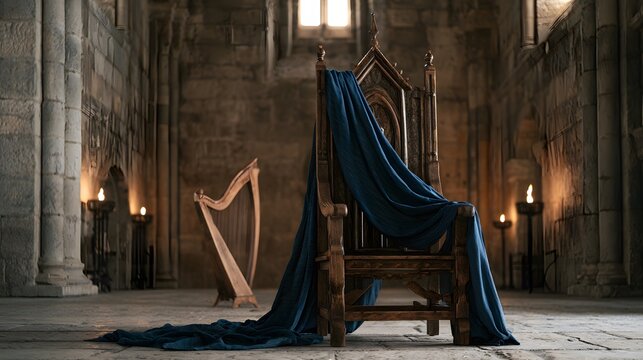 Empty wooden throne with blue fabric and a harp in a medieval stone castle hall