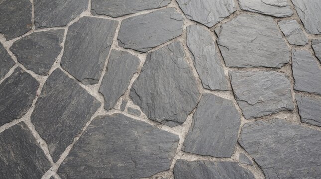 Gray slate flagstone pavement texture top-down full frame close up irregular natural stone floor tile background