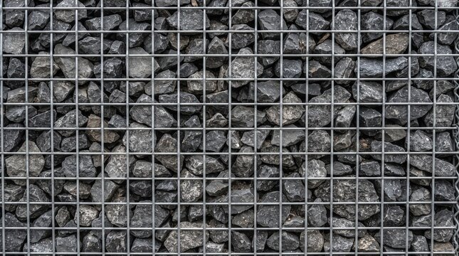 Gabion wire mesh wall filled with crushed dark grey stone texture full frame industrial retaining stone cage background