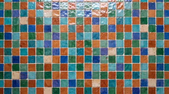 Glazed multi-colored ceramic mosaic tiles texture background full frame vibrant square wall tile pattern close up