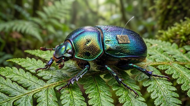Insect Tracking Microchip Entomology Research Bioengineering Metallic Beetle On Fern Leaf