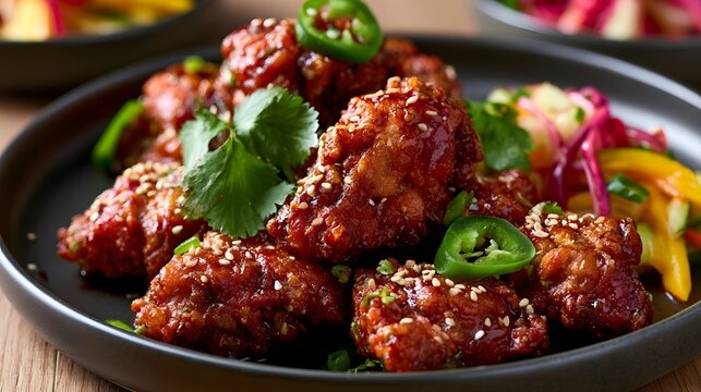 Crispy Korean fried chicken glazed with spicy sauce  garnished with fresh cilantro  sliced jalape os  and sesame seeds on a dark plate