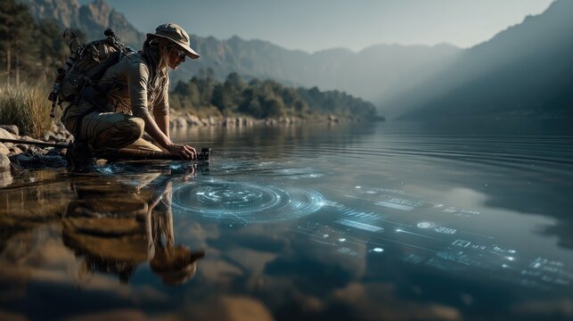 Professional environmental scientist measuring water quality in mountain lake sensors holographic data icons sustainable management technology 